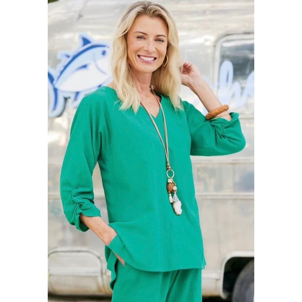Soft Surroundings Key West Tunic 1X‎ Green V-Neck Ruched 3/4 Sleeve Gauze Top